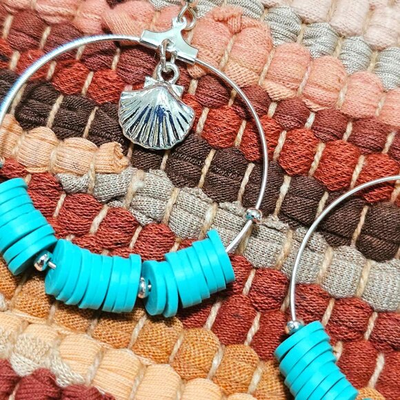 Earrings. Silver Hoops. Seashells. Turquoise Beaded. Pierced. NWT. - Picture 3 of 9
